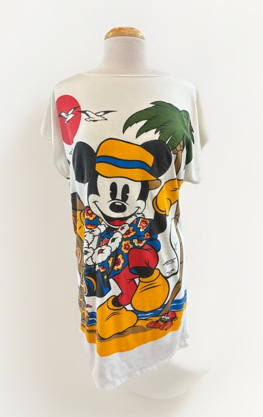 Vintage Mickey Mouse Hawaiian Cover Up Dress Womens Medium Beach T-Shirt Dress